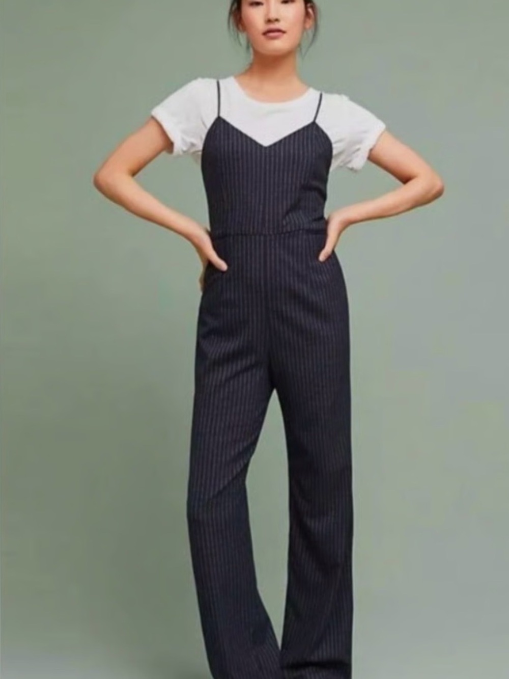 Anthropologie The Essential Jumpsuit Size 6 Black Pinstripe Wide Leg